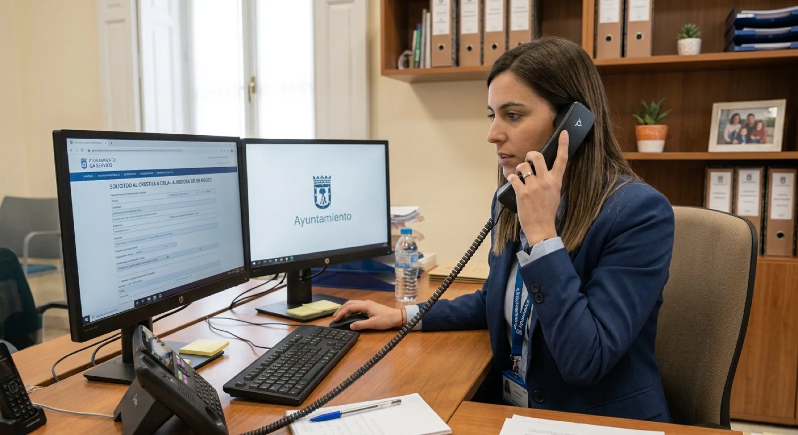 Técnica municipal atendiendo en su despacho una llamada derivada por la Centralita IA