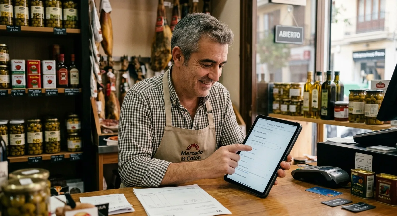 Comerciante actualizando el horario de su ficha desde una tableta en su tienda