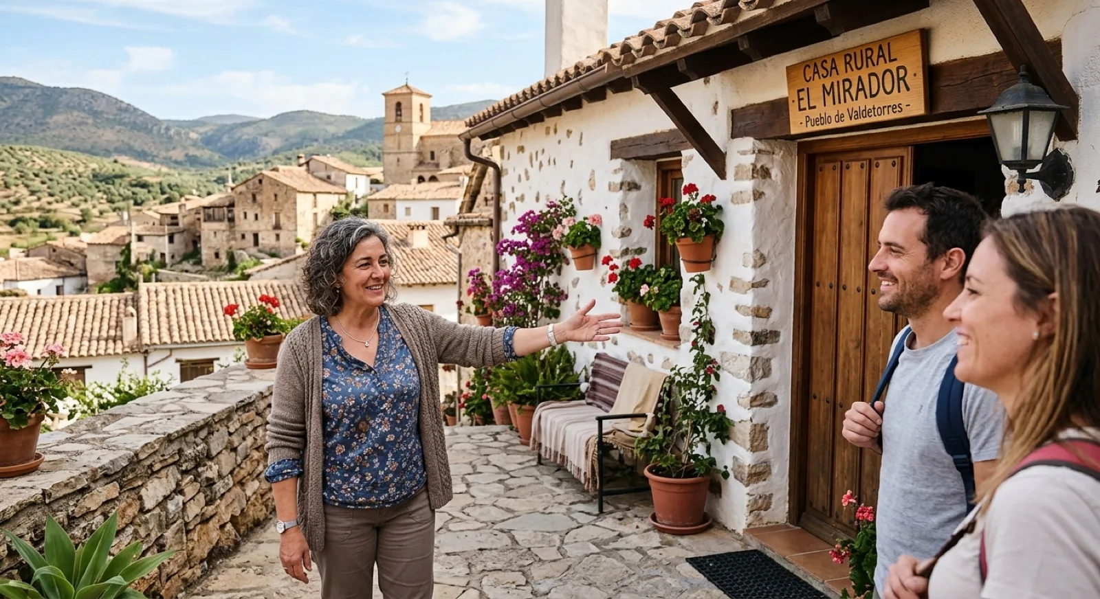 Propietaria de una casa rural recibiendo a visitantes del destino