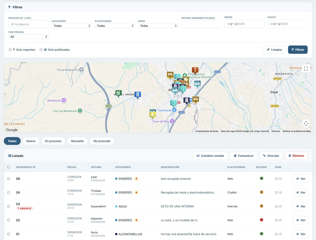 Filtros y mapa de incidencias geolocalizadas del municipio