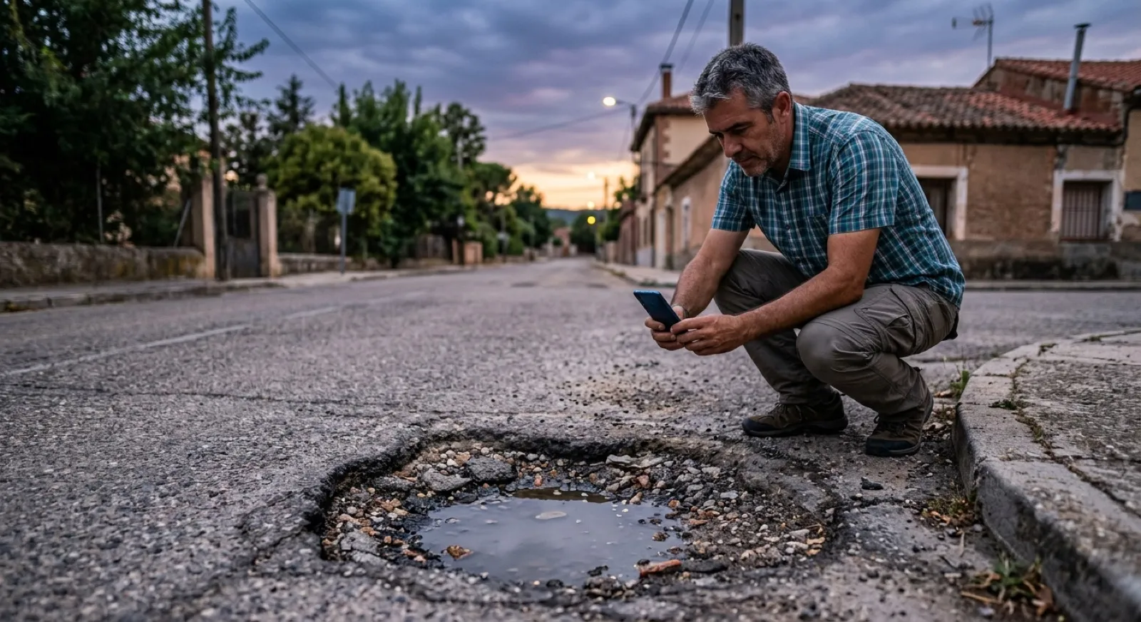 Vecino fotografiando un bache con el móvil para enviar la incidencia