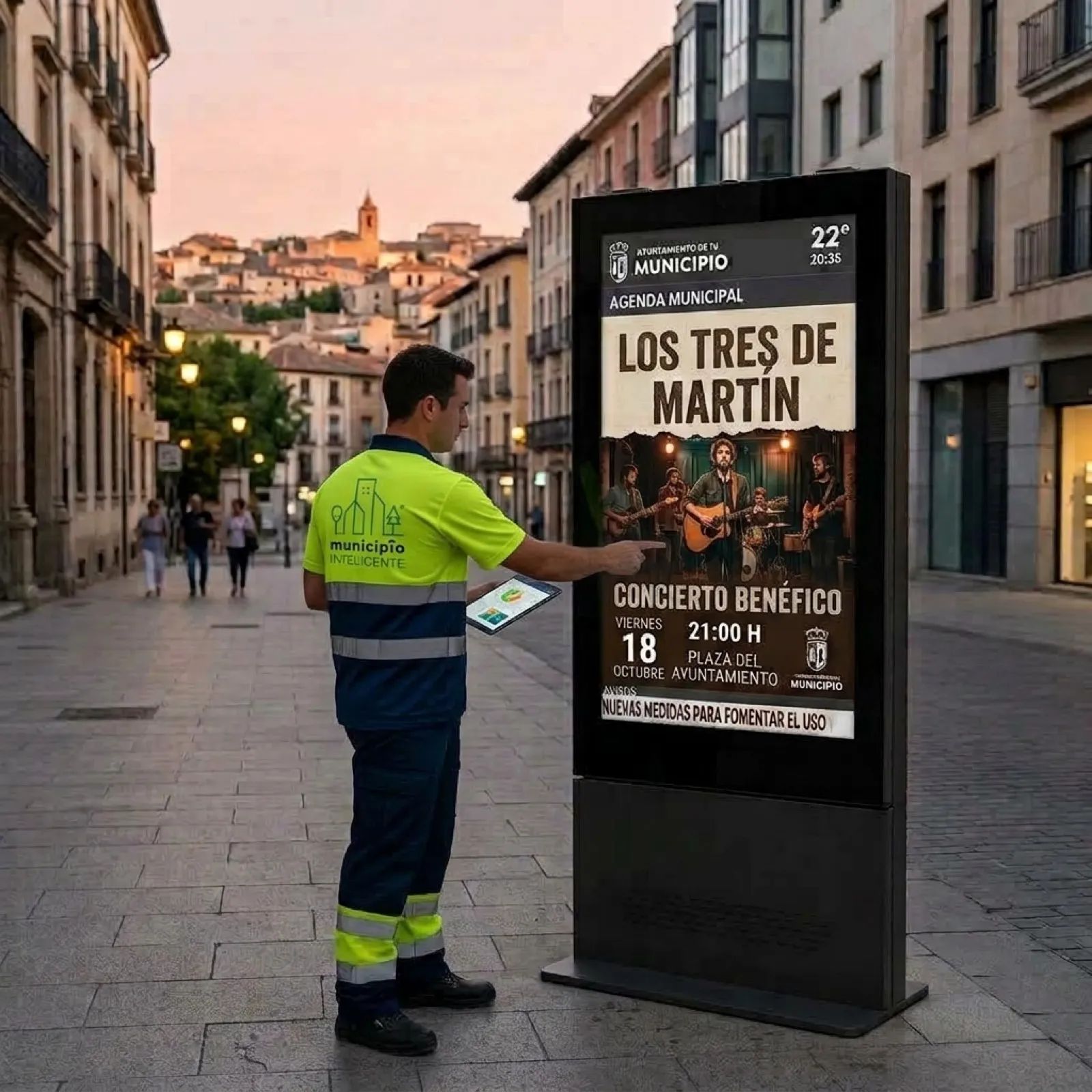 Técnico instalando una pantalla digital municipal