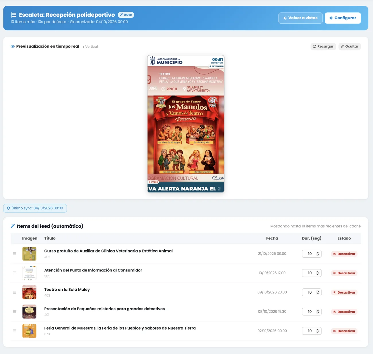 Escaleta de una pantalla con previsualización en tiempo real e items del feed