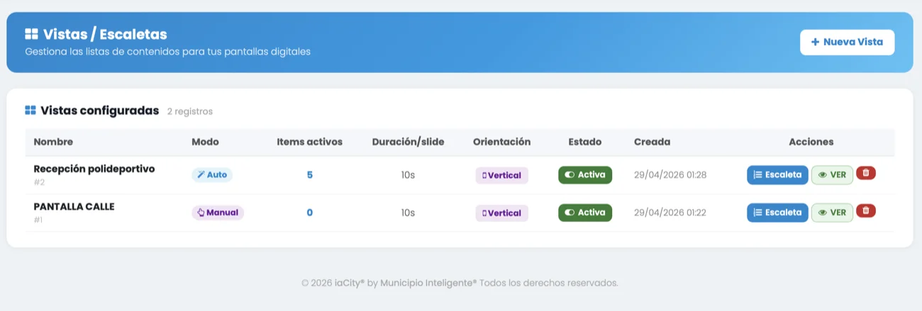 Vistas y escaletas configuradas para las pantallas digitales
