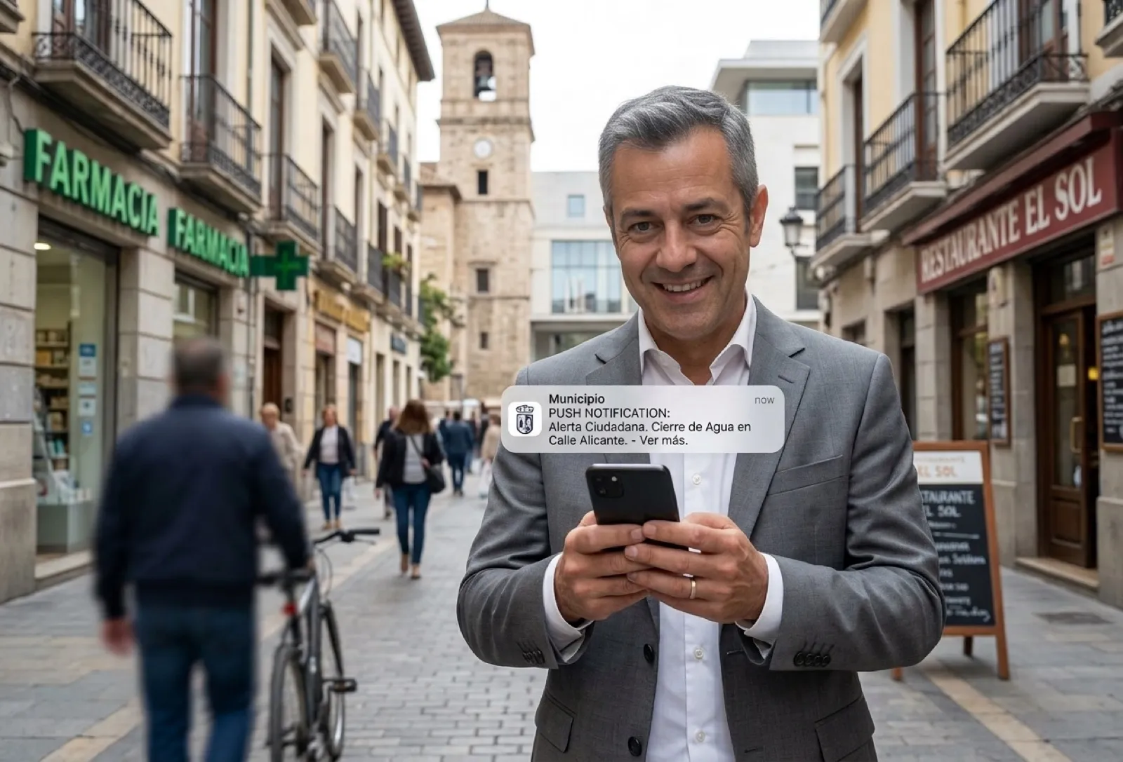 Vecino recibiendo un aviso oficial del Ayuntamiento en WhatsApp